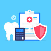 Dental insurance. Vector illustration. Health insurance, healthcare, claim form, coverage, medical care concepts. Modern flat design. Clipboard with medical document, shield, calculator, tooth and check mark