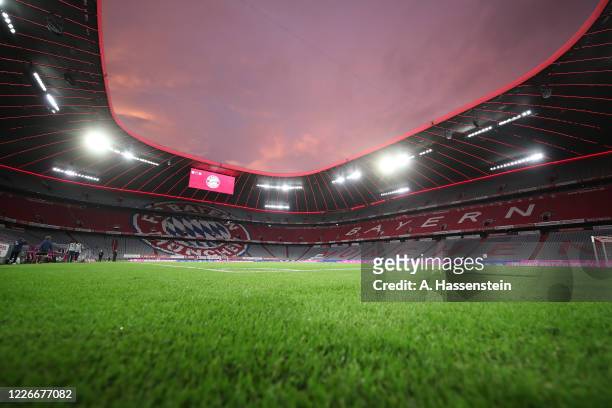General view of the Allianz Arena after the Bundesliga match between FC Bayern Muenchen and Eintracht Frankfurt at Allianz Arena on May 23, 2020 in...