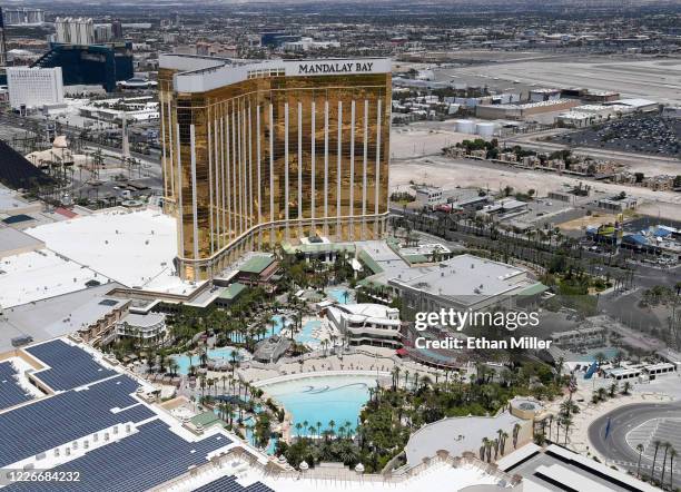 An aerial view shows an empty pool complex at Mandalay Bay Resort and Casino, which has been closed since March 17 in response to the coronavirus...