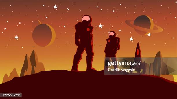 stockillustraties, clipart, cartoons en iconen met vector astronaut paar silhouet op een planet stock illustratie - science et technologie