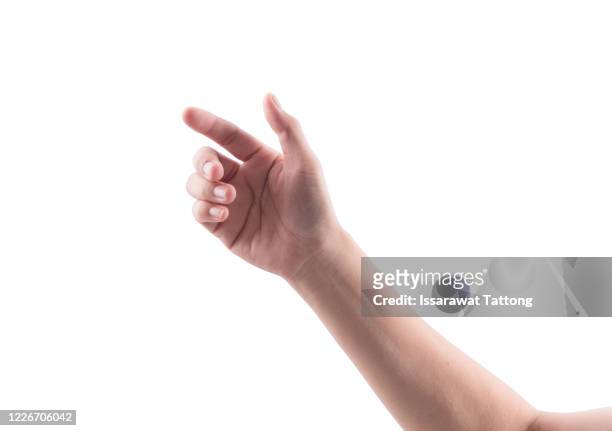 hand holding something like a bottle or smartphone on  isolated white background. - guy with phone full image ストックフォトと画像