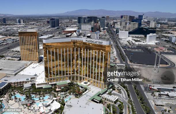 An aerial view shows the Las Vegas Strip including Delano Las Vegas at Mandalay Bay Resort and Casino and Mandalay Bay Resort and Casino, all of...