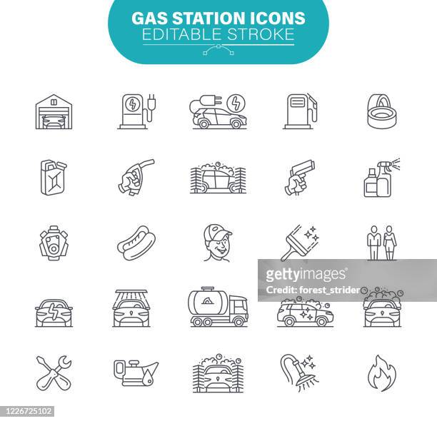 gas station icons. set contains symbol as auto, cleaning; auto repair shop, garage, illustration - petrol pump stock illustrations