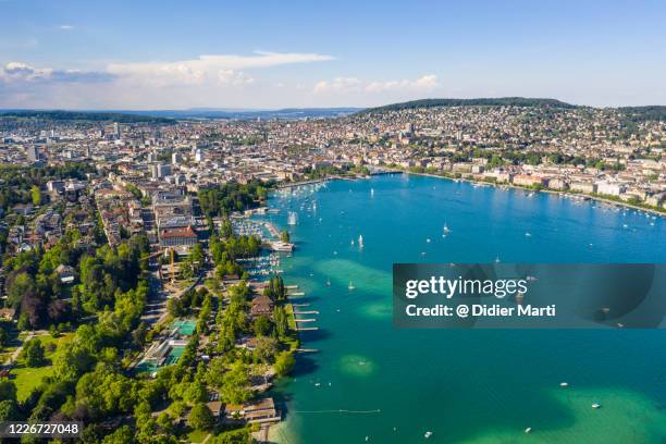 aerial view of the myrthenquai in zurich in switzerland largest city on a sunny day - zurich switzerland stock pictures, royalty-free photos & images