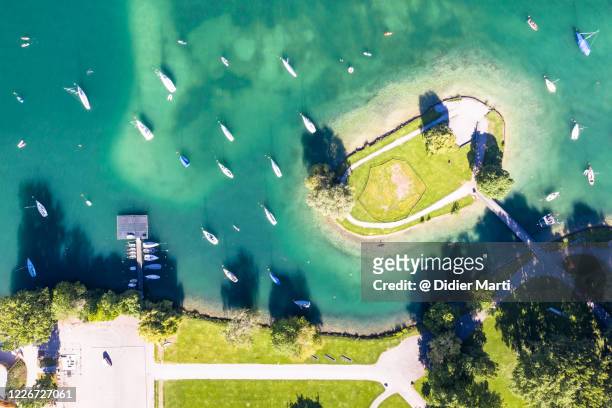 top down view of the manmade saffa island in lake zurich in zurich, switzerland largest city - lake zurich switzerland stock pictures, royalty-free photos & images