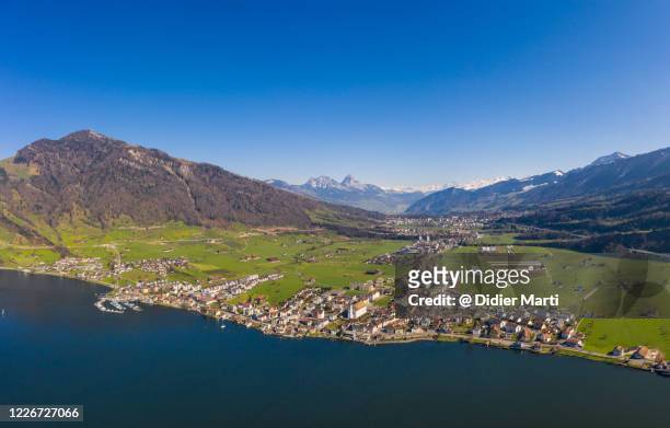 aerial view of the arth village by lake zug in canton schwyz in switzerland - schwyz fotografías e imágenes de stock