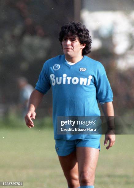 Diego Maradona of Napoli in action during a training session at the Centro Paradiso di Soccavo on October 17, 1986 in Naples, Italy.