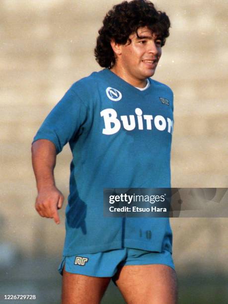 Diego Maradona of Napoli in action during a training session at the Centro Paradiso di Soccavo on October 17, 1986 in Naples, Italy.