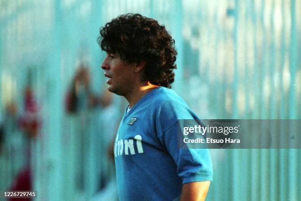 Diego Maradona of Napoli is seen during a training session at the Centro Paradiso di Soccavo on October 17, 1986 in Naples, Italy.