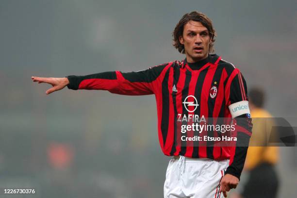 Paolo Maldini of AC Milan in action during the UEFA Champions League Group E match between AC Milan and Schalke 04 at the Stadio Giuseppe Meazza on...