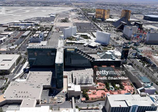 An aerial view shows the Las Vegas Strip including MGM Grand Hotel & Casino and the Tropicana Las Vegas , all of which have been closed since March...