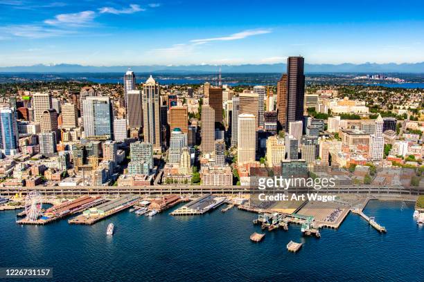 aerial skyline of seattle, washington - seattle port stock pictures, royalty-free photos & images
