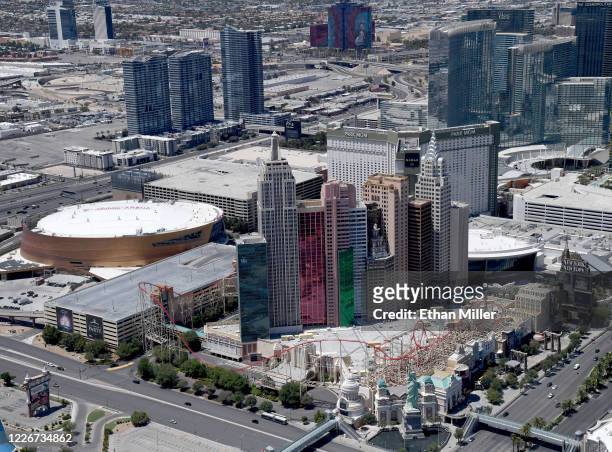 An aerial view shows New York-New York Hotel & Casino and T-Mobile Arena, home of the NHL's Vegas Golden Knights, both of which have been closed...