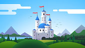 Fantasy landscape with beautiful castle, mountains, forest, meadow & hills. Fantasy medieval castle with towers & flags scenery. Kingdom, fairytale & architecture. Flat vector illustration
