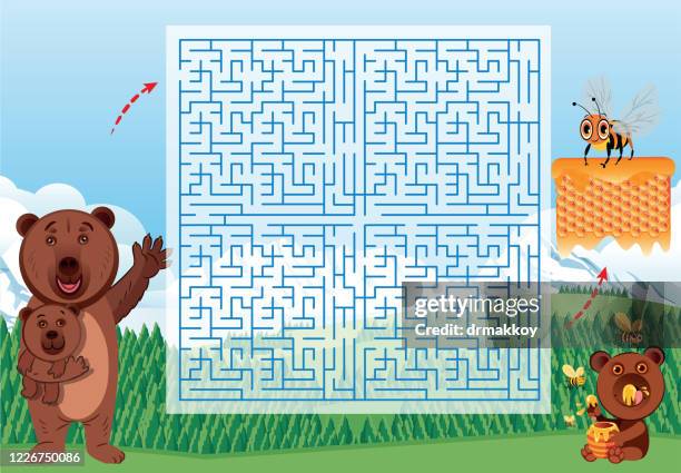 maze, bear and honey labyrinth - cubs game stock illustrations