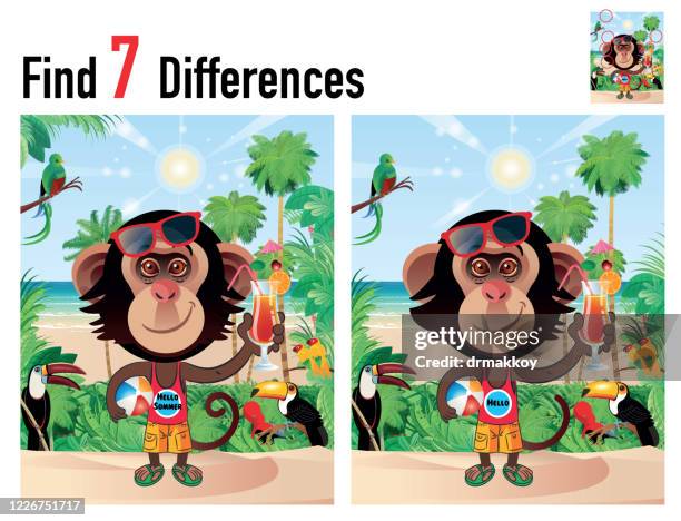 ilustrações, clipart, desenhos animados e ícones de encontre diferenças de jogo com chimpanzé - cavando