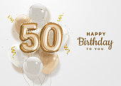 Happy 50th birthday gold foil balloon greeting background.