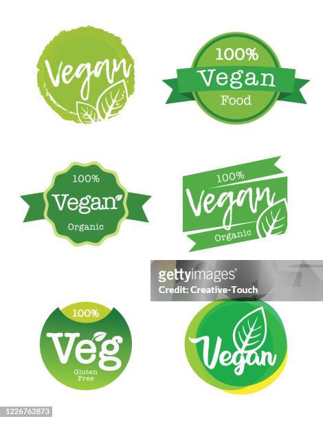 illustrazioni stock, clip art, cartoni animati e icone di tendenza di logo vegano per alimenti e produzione biologica - logo