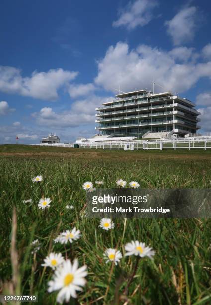 General view of the Queen's Stand at Epsom Downs Racecourseon May 24 2020 in Epsom, England. All horse racing in UK is suspended due to the...