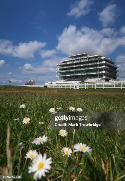 General view of the Queen's Stand at Epsom Downs Racecourseon May 24 2020 in Epsom, England. All horse racing in UK is suspended due to the...