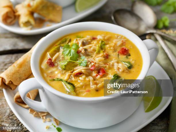 cremige thai-, hühner- und reissuppe mit frühlingsrollen - hühnersuppe stock-fotos und bilder