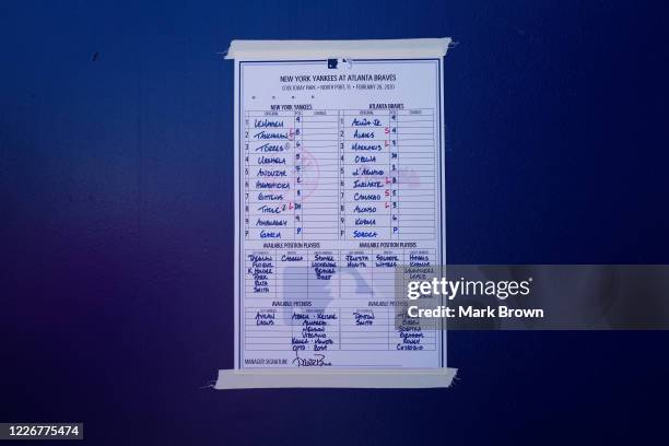 Detailed view of the lineup card posted in the New York Yankees dugout during the spring training game against the Atlanta Braves at Cool Today Park...