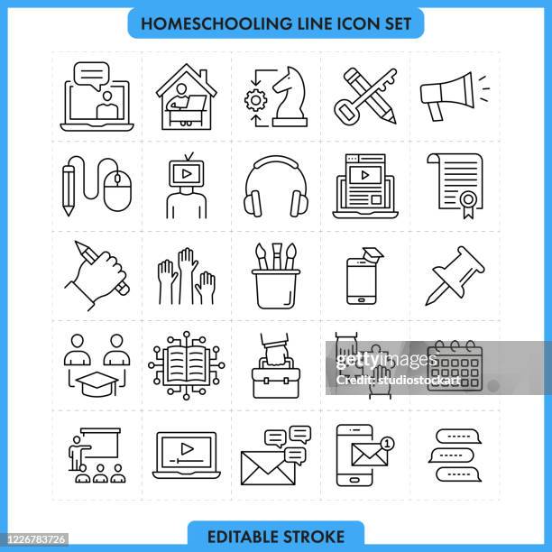 stockillustraties, clipart, cartoons en iconen met pictogram bewerkbare lijn voor thuisschoolingslijn instellen - middelbare scholier