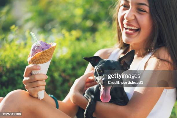 happy teenage girl with dog eating ice cream - dog eating a girl out stock pictures, royalty-free photos & images