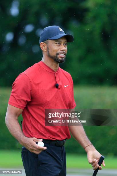 Tiger Woods reacts on the practice green during The Match: Champions For Charity at Medalist Golf Club on May 24, 2020 in Hobe Sound, Florida.