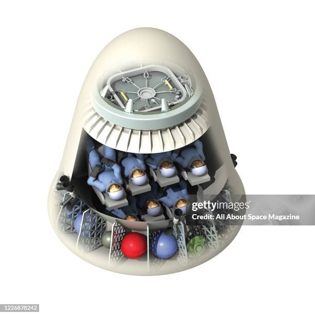 Artist rendering showing the interior of a SpaceX Dragon Capsule spacecraft, with multiple crew members visible, created on February 5, 2015.