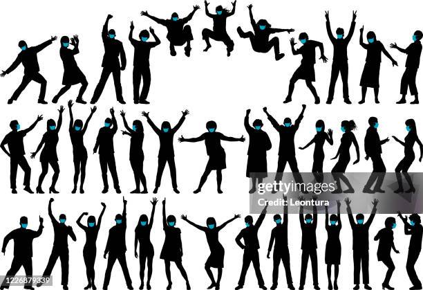highly detailed happy people with masks - happy jumping white background stock illustrations
