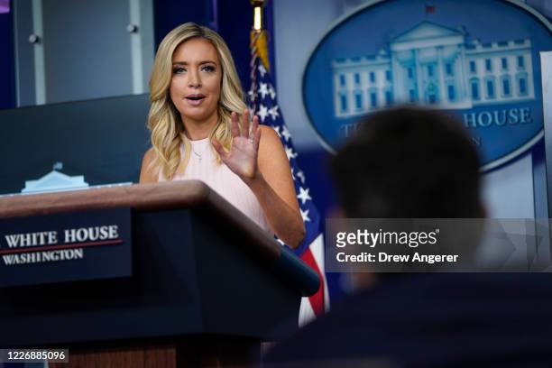White House Press Secretary Kayleigh McEnany speaks during a press briefing at the White House on July 13, 2020 in Washington, DC. On Monday...