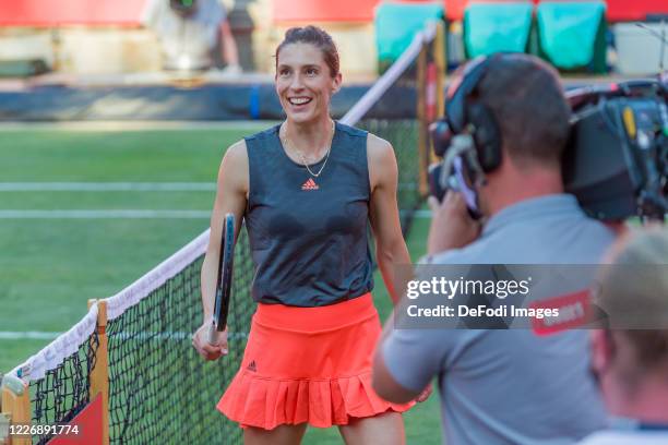 Andrea Petkovic looks on during an match against Petra Kvitova on day 1 of the tennis tournament bett1ACES at Steffi-Graf-Stadion on July 13, 2020 in...