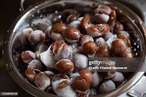 close up on frozen mirabelle plums, nancy, france. - mirabellen stockfoto's en -beelden