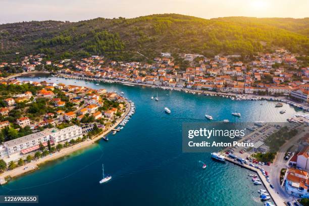 aerial view of vela luka town on korcula island, croatia - korcula island stock pictures, royalty-free photos & images