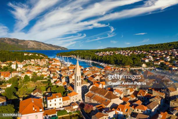 aerial view of stari grad, a town at hvar island, croatia - hvar - fotografias e filmes do acervo