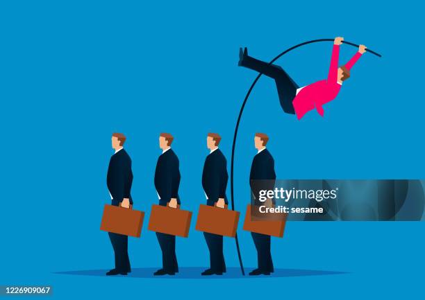 advantages and skills, businessman uses pole vault to jump companion to reach the goal - queuing stock illustrations