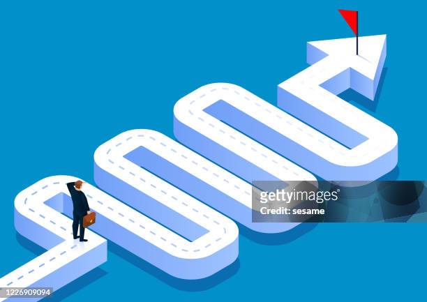 adversity, businessman standing at a rugged intersection looking at the flag at the end - the end stock illustrations
