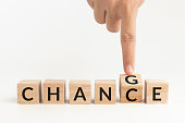 hand flip wooden cube with word change to chance. self improvement, personal development for skills and qualities and career growth or change yourself concept