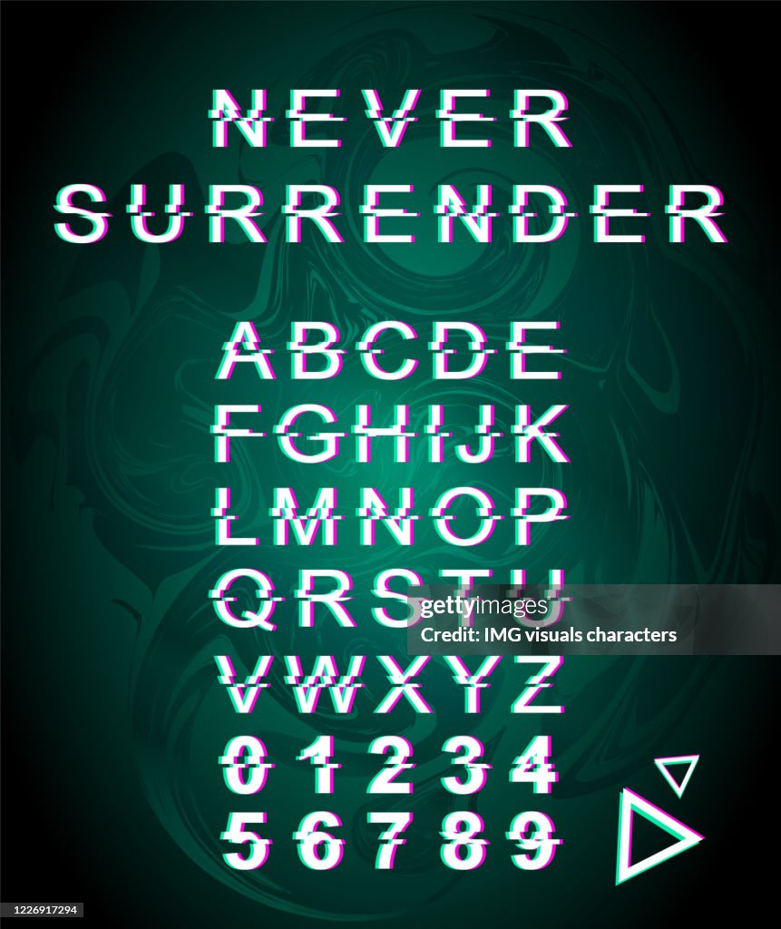 We Surrender Lettering Never Surrender Glitch Font Template Retro Futuristic Style Vector ...