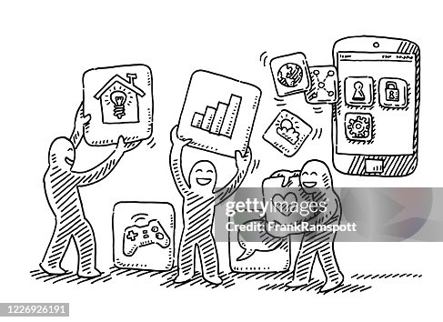 Human Figures Holding Smart Phone App Symbols Drawing Human Figures Holding Smart Phone App Symbols Drawing