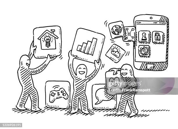 human figures holding smart phone app symbols drawing - holding game controller stock illustrations