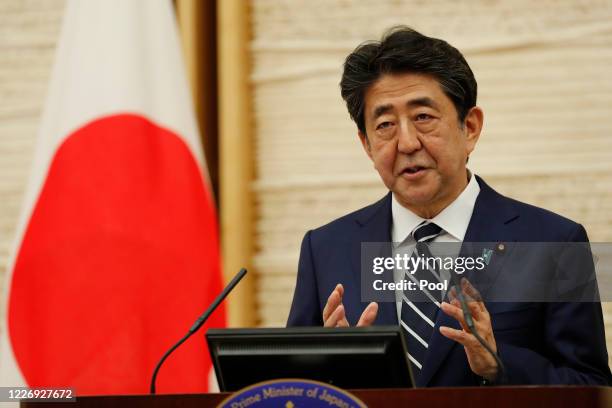 Japan's Prime Minister Shinzo Abe speaks at a news conference on May 25, 2020 in Tokyo, Japan. Prime Minister Abe said on Monday that the state of...