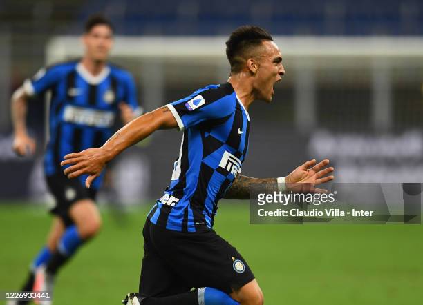 Lautaro Martinez of FC Internazionale celebrates after scoring the goal during the Serie A match between FC Internazionale and Torino FC at Stadio...
