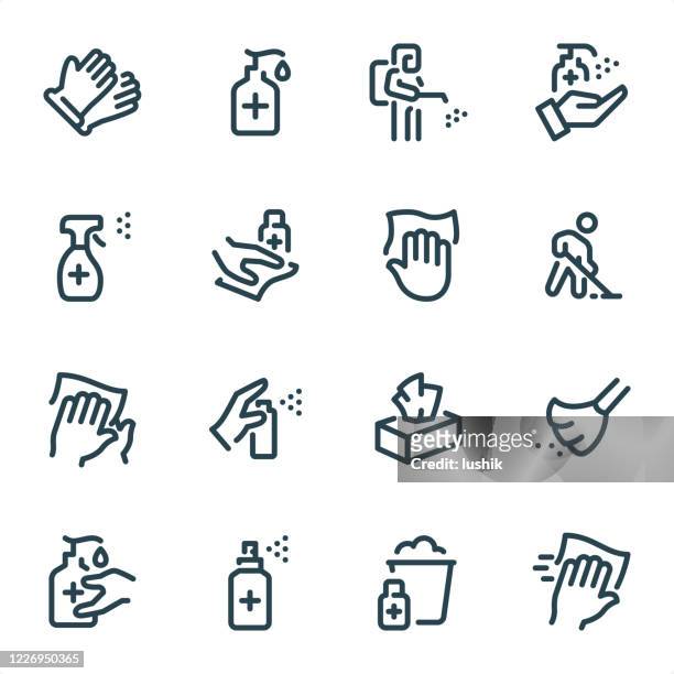 illustrazioni stock, clip art, cartoni animati e icone di tendenza di disinfezione e pulizia - icone della linea pixel perfect unicolor - strofinare lavare