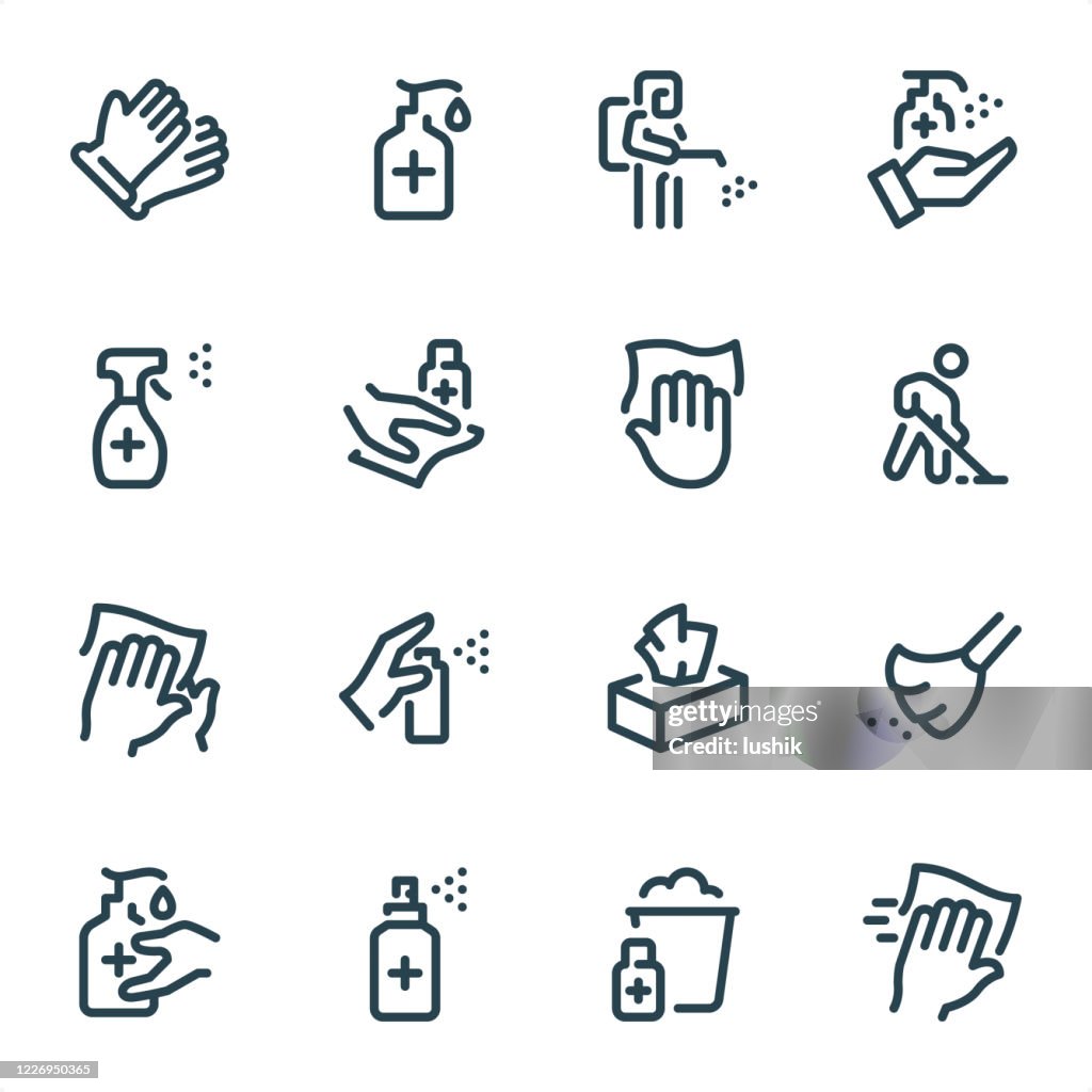 Disinfection and Cleaning - Pixel Perfect Unicolor line icons