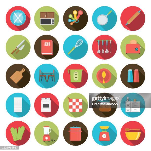 flat design kitchen icon set - cookbook icons stock illustrations