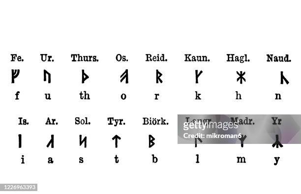 old engraved illustration of runic alphabet - nature alphabet letters - fotografias e filmes do acervo