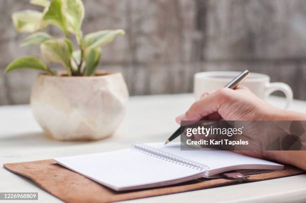 a young person is writing on a journal in the backyard - quedarse en casa frase fotografías e imágenes de stock