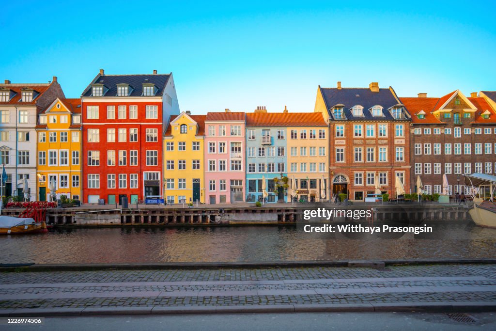 Colorful vibrant houses at Nyhavn harbor in Copenhagen, Denmark